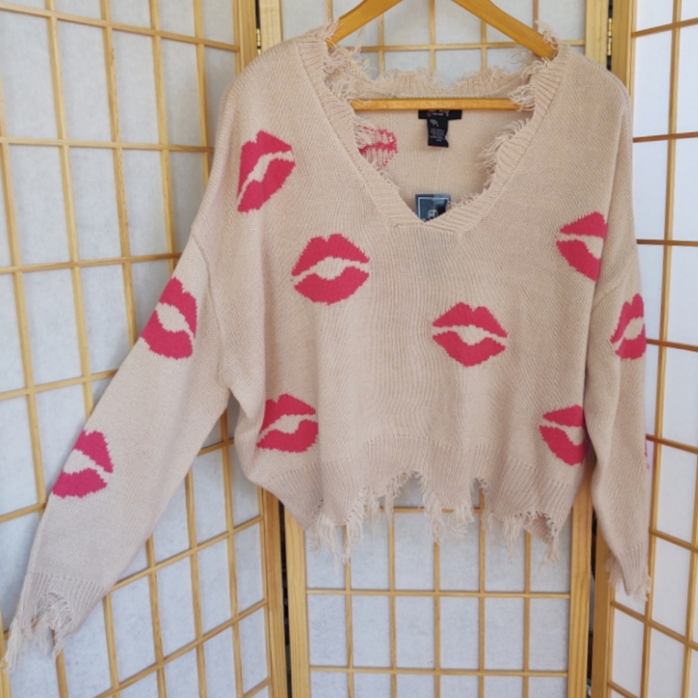 Just Polly crop oversized fit sweater with distressed raw edges Large